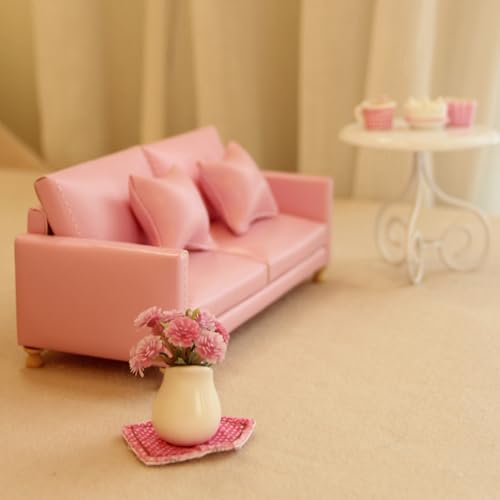 1:12 Dollhouse Leather Double Sofa&Pillows, Living Room Accessories Decor - color: Pink