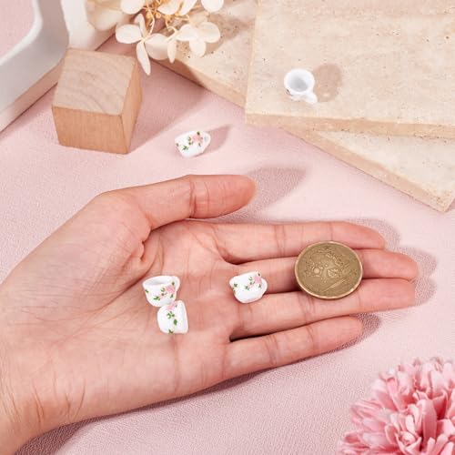 5Pcs Porcelain Cup Charms Miniature Ceramics Cup Mini Tea Cups Hanging Pendant with Flower for Keychains Earrings Jewelry Making Dollhouse Desktop Decor - color: White With Pink Flower