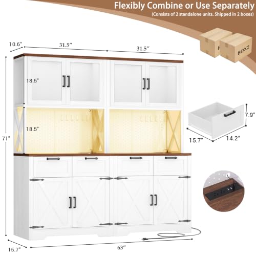 Unikito 71" Kitchen Pantry Cabinet with LED Light & Outlet, Microwave Stand - color: White+rusitc, size: 63 Inch