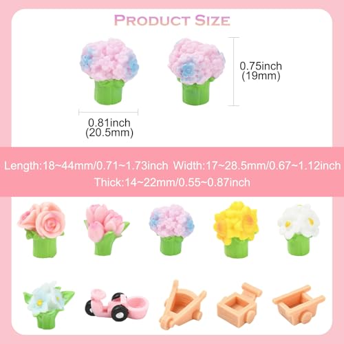 Stiesy 40 Pcs Resin Flower Cart Sets Miniature Floral Figurines Garden Decor for Fairy Garden Terrarium Landscape Dollhouse Display Accessories - color: Flower & Cart-40pcs