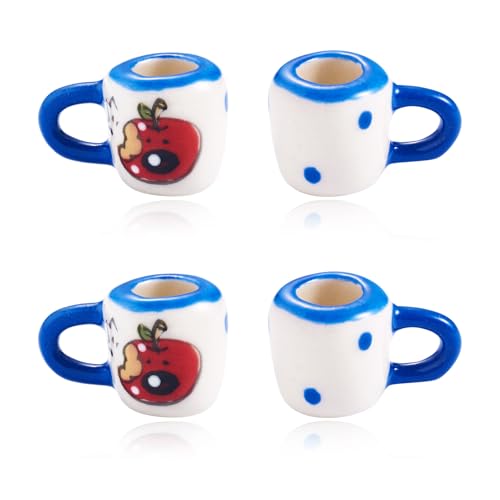 2Pcs Apple Pattern Miniature Ceramics Coffee Mug Cup Decorations Porcelain Mini Tea Cups Blue Tiny Drink Beverage Dollhouse Kitchen Accessories for Keychain Earring Making, Dollhouse Decor - color: Blue
