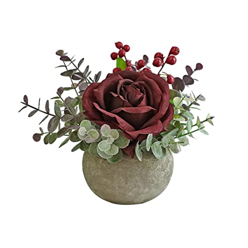 Small Artificial Burgundy Rose Potted Plant, Mini Faux Floral Decor - color: Burgundy