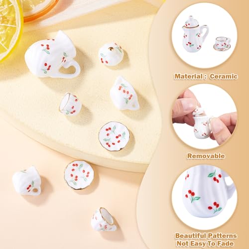 7Pcs Cherry Pattern Handmade Porcelain Mini Tea Sets White Miniature Ceramics Cup Teapot Sugar Bowl Cute Drink Dollhouse Kitchen Accessories for Necklaces Keychain Jewelry Making - color: White With Cherry