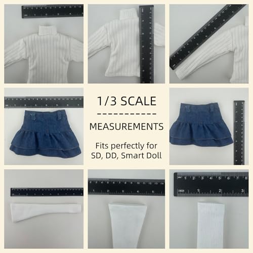 1/3 Scale SD BJD Outfit for 60cm Dolls – Knit High-Neck Top with Denim Skirt and Leg Warmers Set, Doll Not Included - color: Pleated Black (Black Warmers)