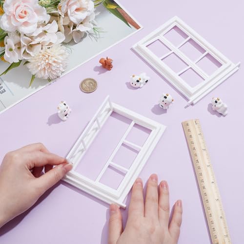 OLYCRAFT 2 Pack Miniature Window Frame 1:12 Scale White Plastic Mini House Window Rectangle Minihouse Windows Plastic 6 Panes Miniature Windows Ornament for Craft Projects and Model Building