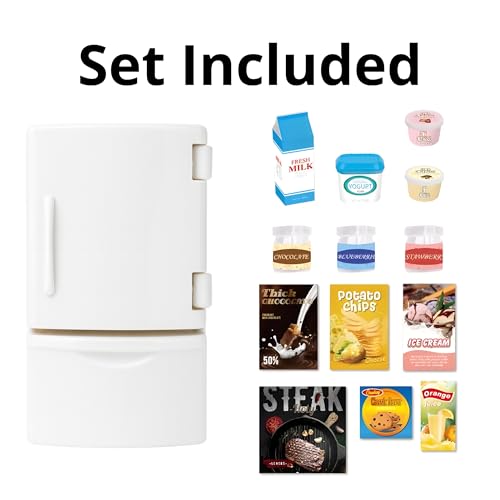 Family Dollhouse Refrigerator Set — Mini Fridge with Opening Doors, Interior Shelves, Milk Carton, Yogurt Tub, Ice Cream Cups & Topping Jars — Dollhouse Furniture & Accessories for Ages 3+ - style: Refrigerator Set