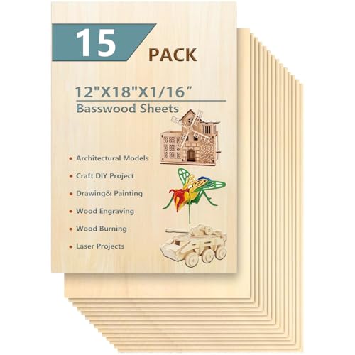 15 Pack 12"x18"x1/16 Basswood Sheets for Crafts- Thin Plywood Sheets - Balsa Wood Sheets -Unfinished Wood Boards for Painting,Laser Cutting,Engraving,Burning and CNC Cutting - color: 12 x 18 x 1/16