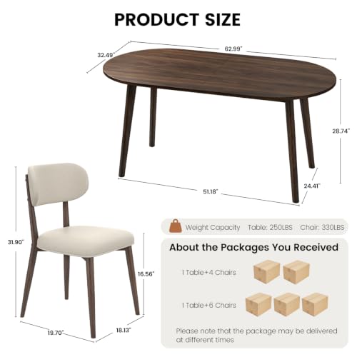 63" Oval Dining Table Set for 4 with Solid Wood Legs - color: Walnut Table Brown-l Chairs