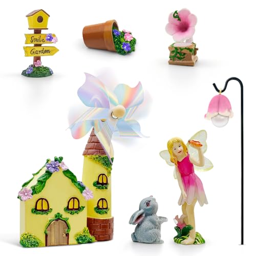DONABELA Fairy Garden Kit Pink Mini Windmill House Decor Set Rabbit Flower Pot Supplies Signpost CD Player Resin Figurines Accessories Gift Indoor Outdoor Yard - style: Windmill house
