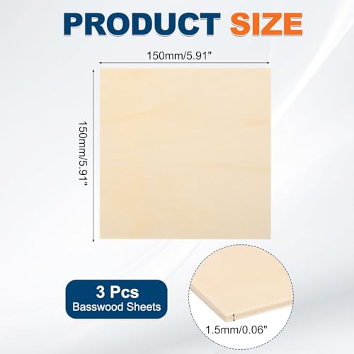MECCANIXITY 3pcs Basswood Sheets 6x6 x 1/16" Unfinished Wood Boards Plywood - size: 6 x 6 x 1/16 Inch