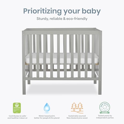 Dream On Me Edgewood 4-in-1 Convertible Mini Baby Crib in Cool Grey, GreenGuard Gold & JPMA, Non-Toxic, Compact 40×25×33″ Design, Converts to Mini Daybed & Twin Bed, 1″ Mattress Pad - color: Cool Grey
