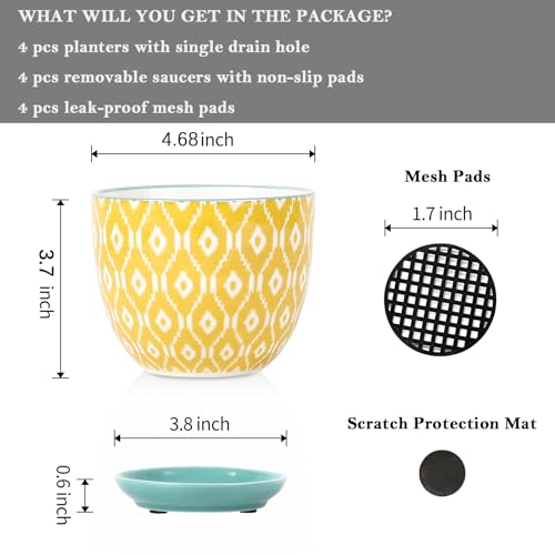 Selamica Ceramic Plant Pots, 4.6 Inch Flower Pots for Indoor Plants, Succulent Pots with Drainage Hole & Saucer, Succulent Planters for Succulent Cactus, Home Decor, Set of 4, Assorted Colors - color: Assorted Colors, size: 4.6 Inch, Set of 4