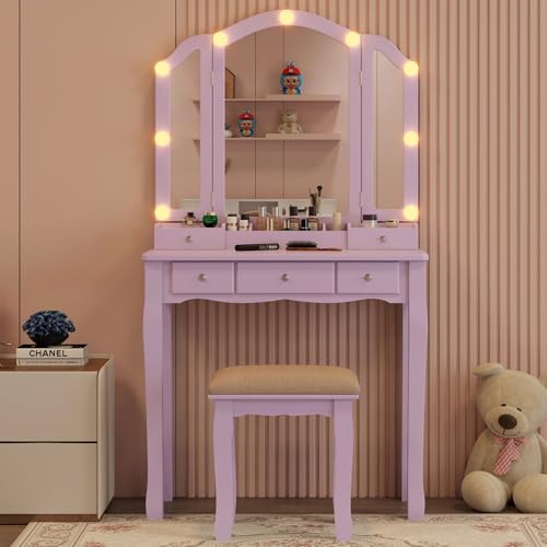 Purple Vanity Desk with Mirror and Lights Purple Vanity for Girls Makeup Vanity Desk with Lights Vanity Table with Lighted Mirror Make Up Vanity Desk with Drawers and Chair Set - style: Purple