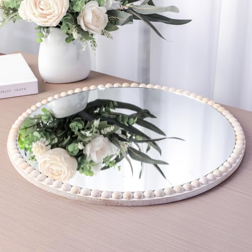 15inch Small Round Boho Beaded Mirrors for Wall Decor, Cute Decorative Hanging Wooden Circle Nursery Mirror for Girl Room, Bedroom, Livingroom - color: Round