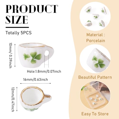 5Pcs Clover Pattern Handmade Porcelain Mini Teacup White Miniature Ceramics Tea Cups Cute Tiny Drink Beverage Dollhouse Kitchen Accessories for Necklaces Keychain Earring Jewelry Making - color: White With Clover