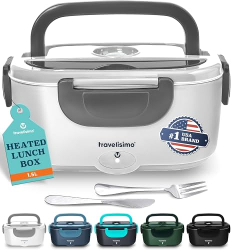 TRAVELISIMO Electric Lunch Box for Adults 100W Heated Lunch Box For Men 1.5L Stainless Steel Portable Food Warmer, 12/24/110V for Travel & Work, Loncheras Electricas Para Calentar Almuerzo - color: Gray.
