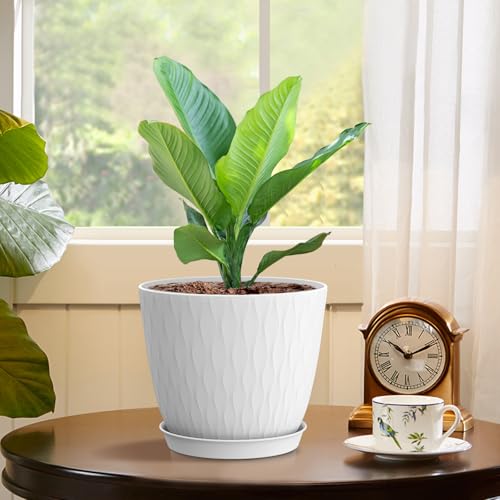 WSMKSZ 6 inch Flower Pots, 5 Pack Plant Pots with Drainage Holes and Saucers for Indoor Plants, Plastic Planters with Water Ripple for Small Garden House Plants, Nursery Pots for Succulent, White - color: White, size: 6inch 5pcs