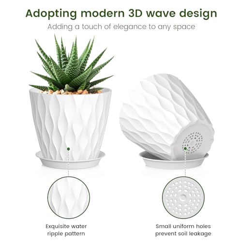 Meowell 5 inch Plant Pots for Indoor Outdoor Plants, 6 Pack Thick Nursery Pots with Drainage Holes and Saucers, 3D Modern Wave Texture Small Plastic Planter Flower Pots, Multicolor - color: Colorful, size: 5 inch 6 pieces