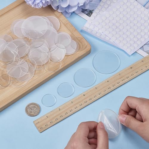 FINGERINSPIRE 140 Pcs Clear Circles Acrylic Sheet 1/1.18/1.57/2 inch Acrylic Miniature Bases with Double-Sided Glue Pads Blank Round Acrylic Base for Action Figure Miniatures Festival Craft Keychain - color: Clear With 4 Size