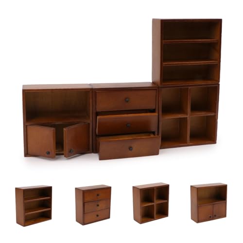 4PCS Miniature Furniture Set Wooden Cabinet Cupboard 1:12 Dollhouse Various Styles Decoration DIY Dollhouse Freely Combinable Furniture Kit Kitchen Bedroom Living Room Display Ornaments (Brown) - style: Brown
