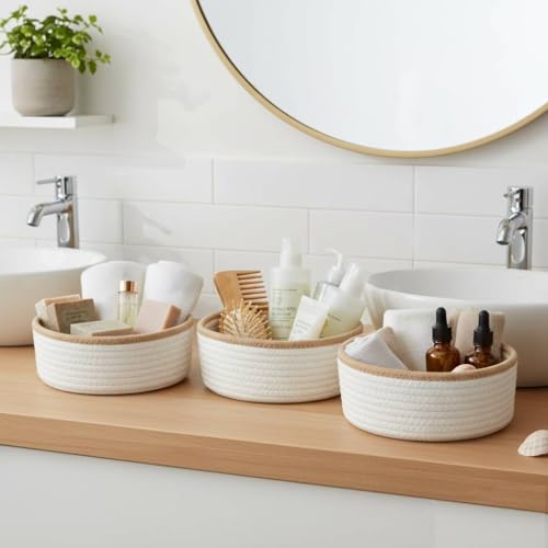 danpinera Set of 3 Small Woven Baskets, Mini Round Storage Baskets for Organizing, Decorative Boho Rope Baskets for Bathroom, Nursery, Desk, Tiny Bin for Makeup, Jewelry, Small Items, White & Jute