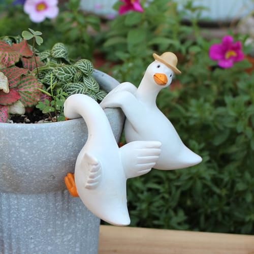 Set of 3 Cute Climbing Duck Garden Statues Flower Pot Hugger, Funny Resin Hanging Goose Figurines Outdoor Planter Pot Decorations for Home Patio Lawn Yard Ornaments