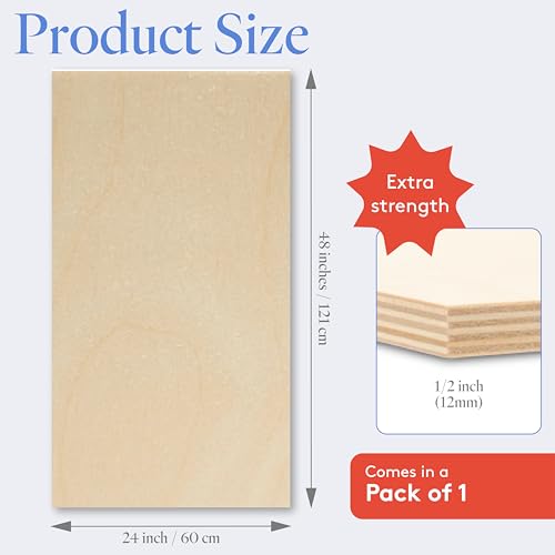 Baltic Birch Plywood 24 x 48 x 1/2 Inch - 12 mm Craft Wood, Pack of 1 B/BB Grade, Stronger Than Basswood Sheets or Balsa Wood, Perfect for Laser, CNC Cutting, Wood Shelves, by Woodpeckers - size: 24" x 48"