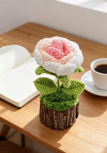 Crochet Pink Rose Flowers Bouquet for Women Office Desk Decor - color: Crochet Pink Rose