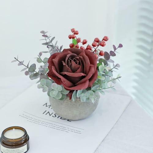 Small Artificial Burgundy Rose Potted Plant, 2 Pcs Mini Faux Decor - color: 2pcs Burgundy