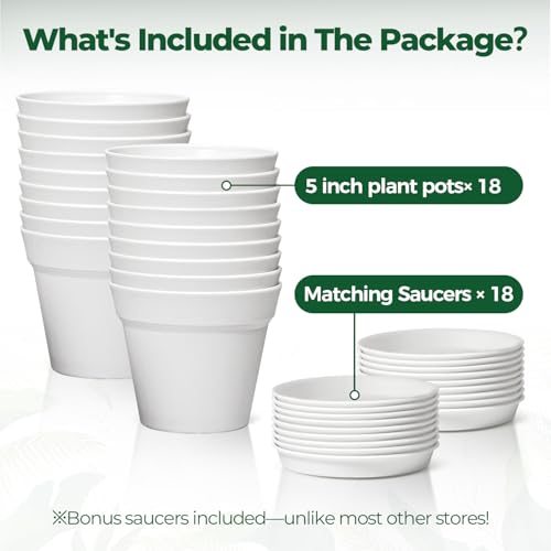 T4U Small Plant Pots 5 Inch 18 Pack, Plastic Flower Pots with Saucer White - color: White, size: 5 In