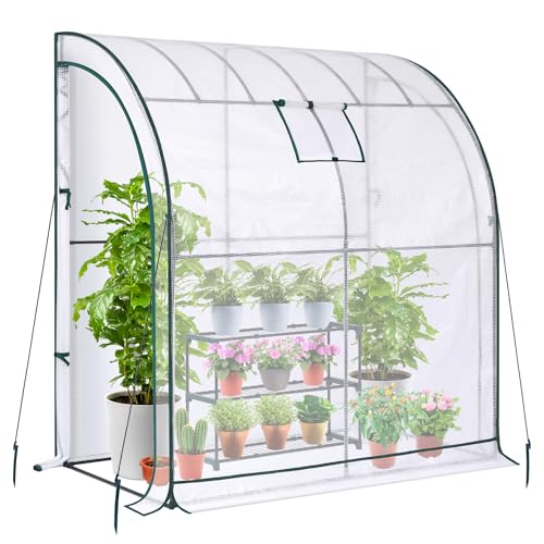 Lean to Greenhouse with 3-Tier Shelves: Ohuhu Portable Walk-in Wall Mounted Green House with Mesh Windows, 79"x39"x83" Reinforced Lean-to Wall Greenhouses with 2 Roll-Up Zipper Doors for Outdoors - color: White, size: 6.6' x 3.3' x 7'