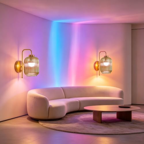 Wireless Rechargeable Battery Operated Wall Sconce with Glass Lampshade - color: Gold-Green Shade