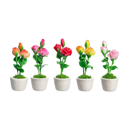 5 Miniature Roses Fridge Tiny Magnets Flower Clay Pots Collection Set Ceramic Plants Scale 1:12 For Gifts Home Office Kitchen Decoration