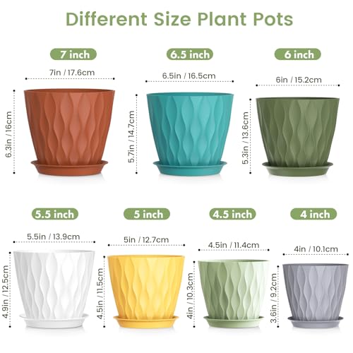 Meowell 7/6.5/6/5.5/5/4.5/4 inch Plant Pots for Indoor Outdoor Plants, 7 Pack Thick Flower Pots with Drainage Holes and Saucers, Modern Wave Texture Small Plastic Planters Nursery Pots, Multicolor - color: Colorful, size: 7+6.5+6+5.5+5+4.5+4 inch 7 pieces