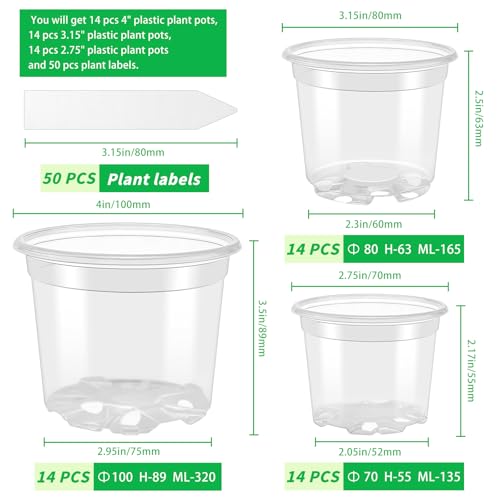 VOKOY 42 Pack 4/3/2.75 Inch Clear Nursery Pots with 50 Plant Labels, Clear Plant Pots with Drainage Hole Plastic Transparent Variety Pack Garden Flower Seedling Pots Small Planter Containers - size: 4/3/2.75 Inch - 42pcs