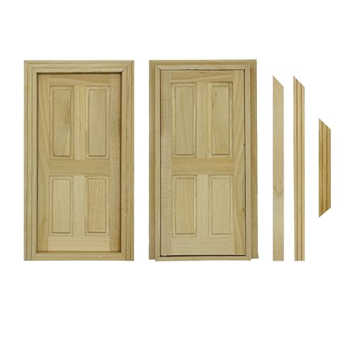 Cayway 2 PCS Dollhouse Windows, 1 PCS Miniature Wooden Door,1:12 Scale Mini Window Frame for DIY Dollhouse or Model Town Accessory