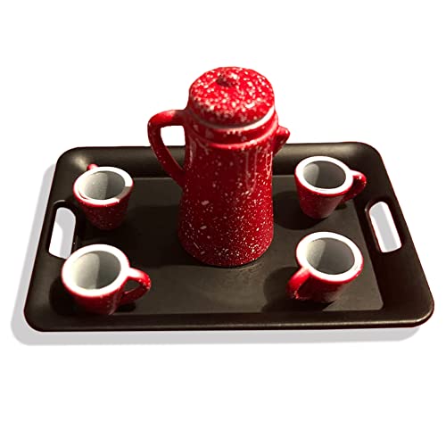 Dollhouse Miniature Spotted Coffee Pot with 4 Cups and Tray Kitchen Accessories 1:12 Scale Appliance Model Japanese Model Dollhouse Ornament Accessories (RED) - color: Red
