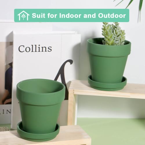 vensovo 4 Inch Small Green Terracotta Plant Pots with Saucer - 6 Pack Clay Flowerpots with Drainage, Great for Indoor Outdoor Plants, Crafts, Wedding Favor - color: Green