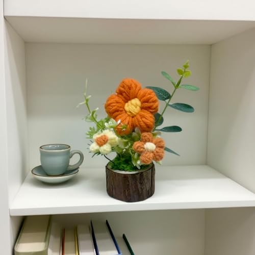 Handmade Crochet Puff Flowers with Wooden Base for Women Office Deck Decora - color: Orange Puff