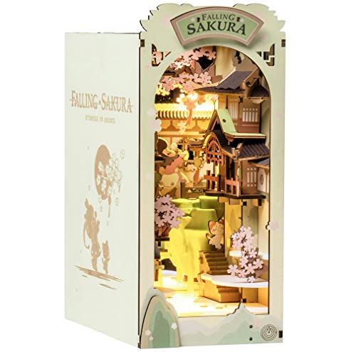 Rolife DIY Book Nook Kit Falling Sakura, DIY Miniature Booknook Kit Creative Decorative Bookend Bookshelf Insert 3D Puzzle for Adults, Halloween/Christmas Decorations/Gifts for Adults (Falling Sakura) - color: Pink, White
