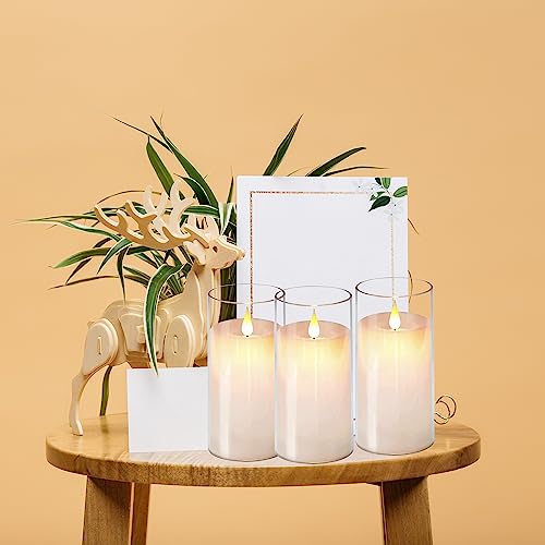 NICEME Flickering Flameless Candles with Remote Control Timer Unbreakable Acrylic Battery Operated LED Candles with Flickering Flame 3D Wick for Romantic Ambience Home Decor Set of 3, D3” xH6” - color: Ivory + Clear Acrylic, size: D 3”×H 6”6”6”