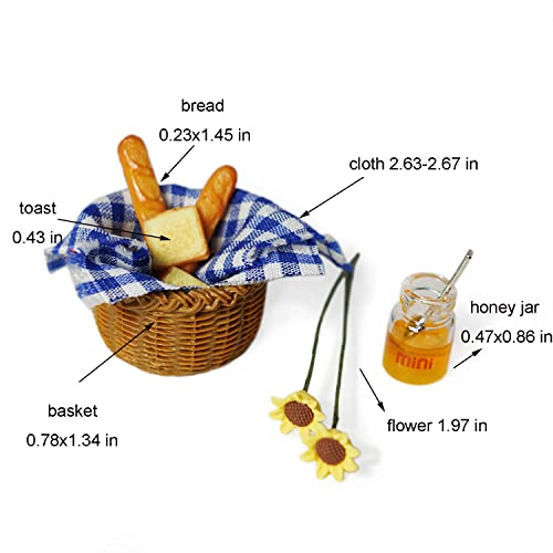 Miniature Food Dollhouse Accessories Garden Decor 1:12 Scale Bread Honey Picnic Basket Cloth Flowers 9PCS Garden Decoration Mini Room Display Props Model (Blue Picnic Cloth) - style: Blue Picnic Cloth