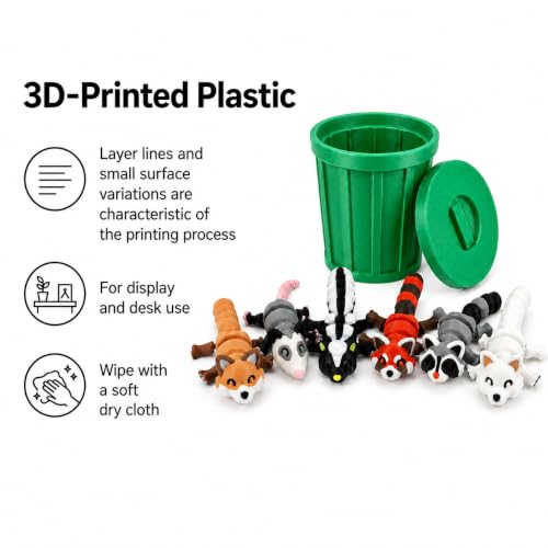 3D-Printed Woodland Animal Figurines, 8-Piece Articulated Raccoon, Fox, Skunk, Opossum, Red Panda and Arctic Fox Set with Green Trash Can - color: Green