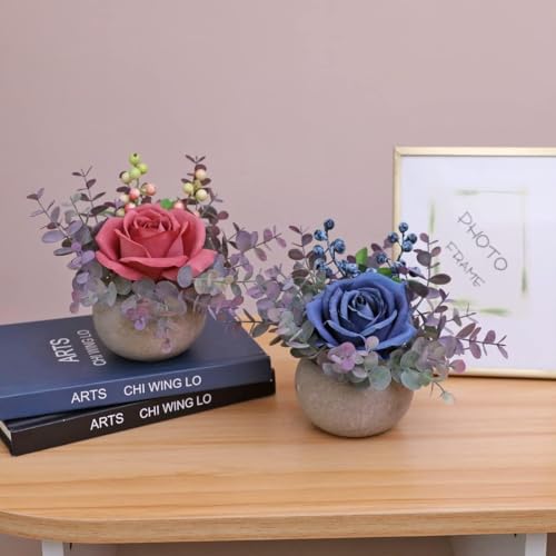 Small Artificial Blue Rose Potted Plant, 2 Pcs Mini Faux Decor - color: 2pcs Blue