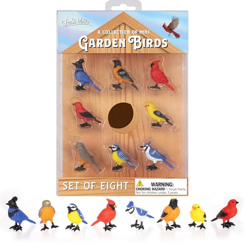 Accoutrements Archie McPhee Mini Garden Birds Collection: A Flock in Your Pocket - Set of 8 Beautiful Soft Vinyl Birds in Birdhouse-Inspired Packaging