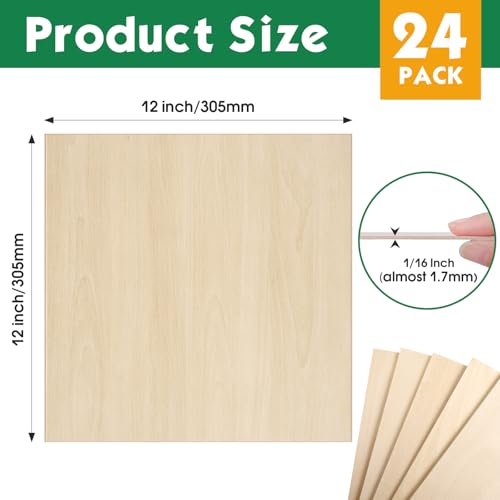 24 Pack Basswood Sheets 1/16x12X12Inch,Plywood Sheets for Crafts.Unfinished Wood Boards for Laser Cutting & Engraving,Burning,Balsa Wood Sheet for Painting - size: 24P 12x12x1/16in
