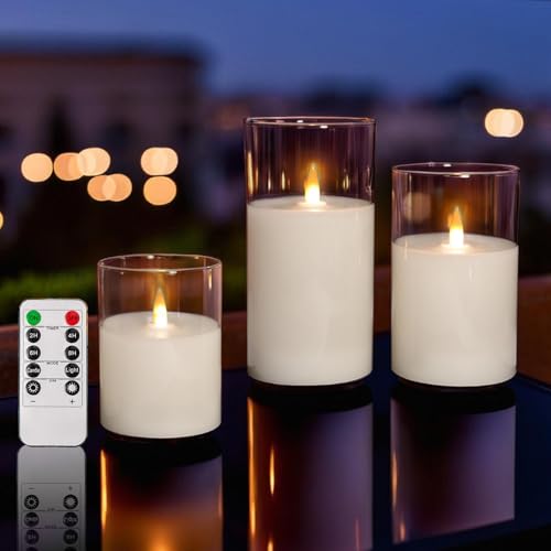 NICEME Clear Glass Flameless Candles Battery Operated with Remote Timer, Real Wax LED Pillar Candles with Flickering Flame Pure White Radiance Evanescing Fake Candles for Wedding Home Decor, Set of 3 - color: White + Clear Glass, size: D 3”×H 4”5”6”