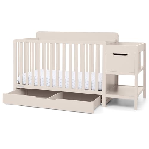 Delta Children Maya 5-in-1 Convertible Crib and Changer with Storage, Converts to Toddler Bed, Daybed, Sofa & Full Bed, Greenguard Gold Certified, 3 Mattress Heights for Baby, Soft Beige - color: Soft Beige