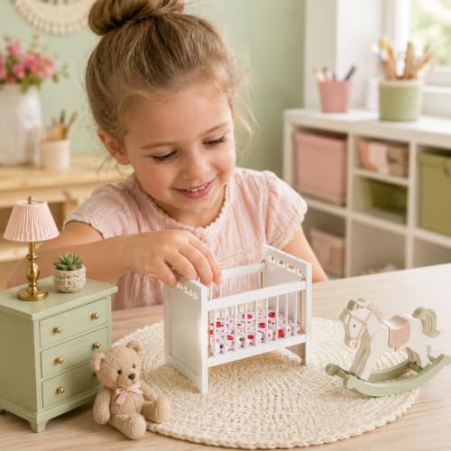 Garneck 1:12 Wooden Dollhouse Crib Miniature Nursery Bed with Bedding White