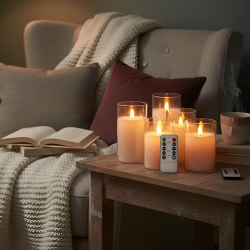 NICEME Acrylic Flickering Flameless Candles with Remote Timer, 5pcs Ivory Unbreakable Acrylic Battery Operated LED Candles with Flickering Flame for Romantic Ambience Home Decor, D3” xH4” 4” 5” 5” 6” - color: Ivory + Clear Acrylic, size: D 3”×H 4”4”5”5”6”